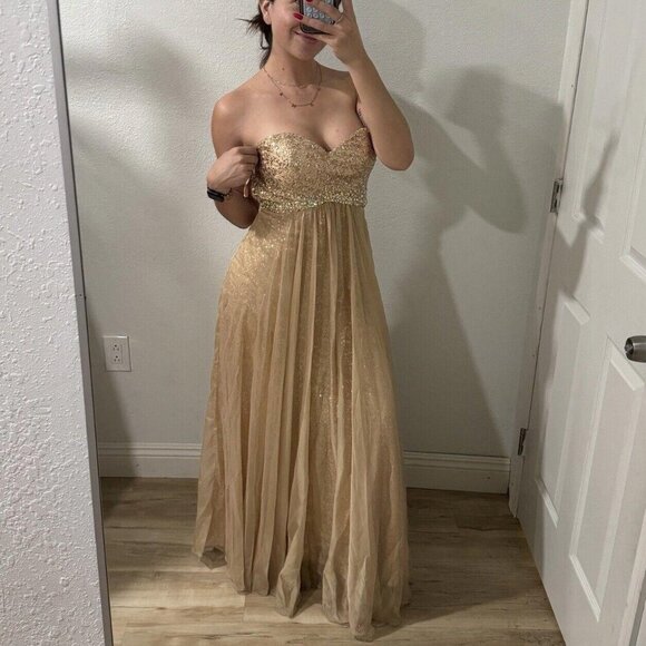 La Femme Gold Dress Flare Sequence Bling Prom Wedding Size 6 Fancy Luxury Pretty - Picture 1 of 15